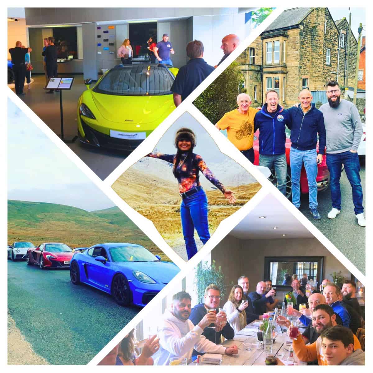 a collage of photos of members of Waynes World Of Wheels Super Car Club at different events enjoying meeting each other over drinks and around cars