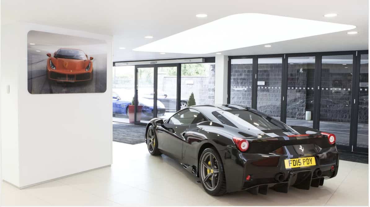 black ferrari parked in the Ferrari Nottingham dealership as aprt of the Waynes World Of Wheel Rutland Run Out Tour