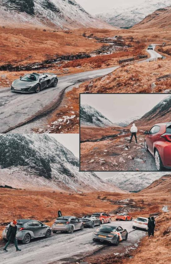 3 images merged together of cars out in the Scottish Highlands on a Waynes World Of Wheels Drive